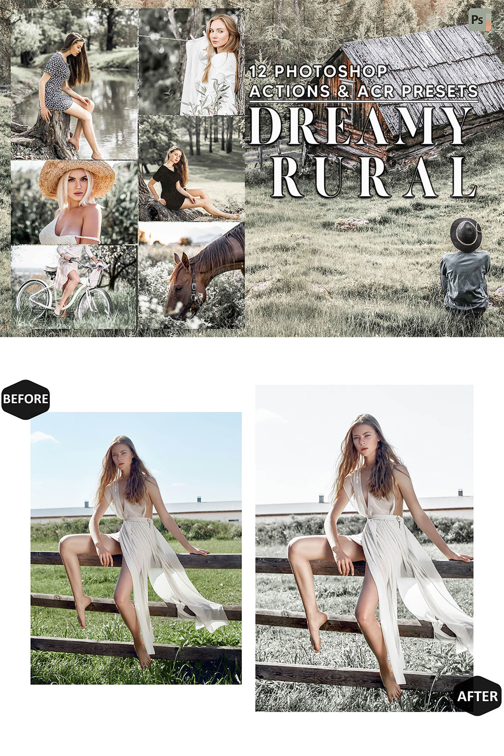12 Photoshop Actions, Dreamy Rural Ps Action, Rustic ACR Preset, Bright Ps Filter, Portrait And Lifestyle Theme For Instagram, Blogger pinterest preview image.