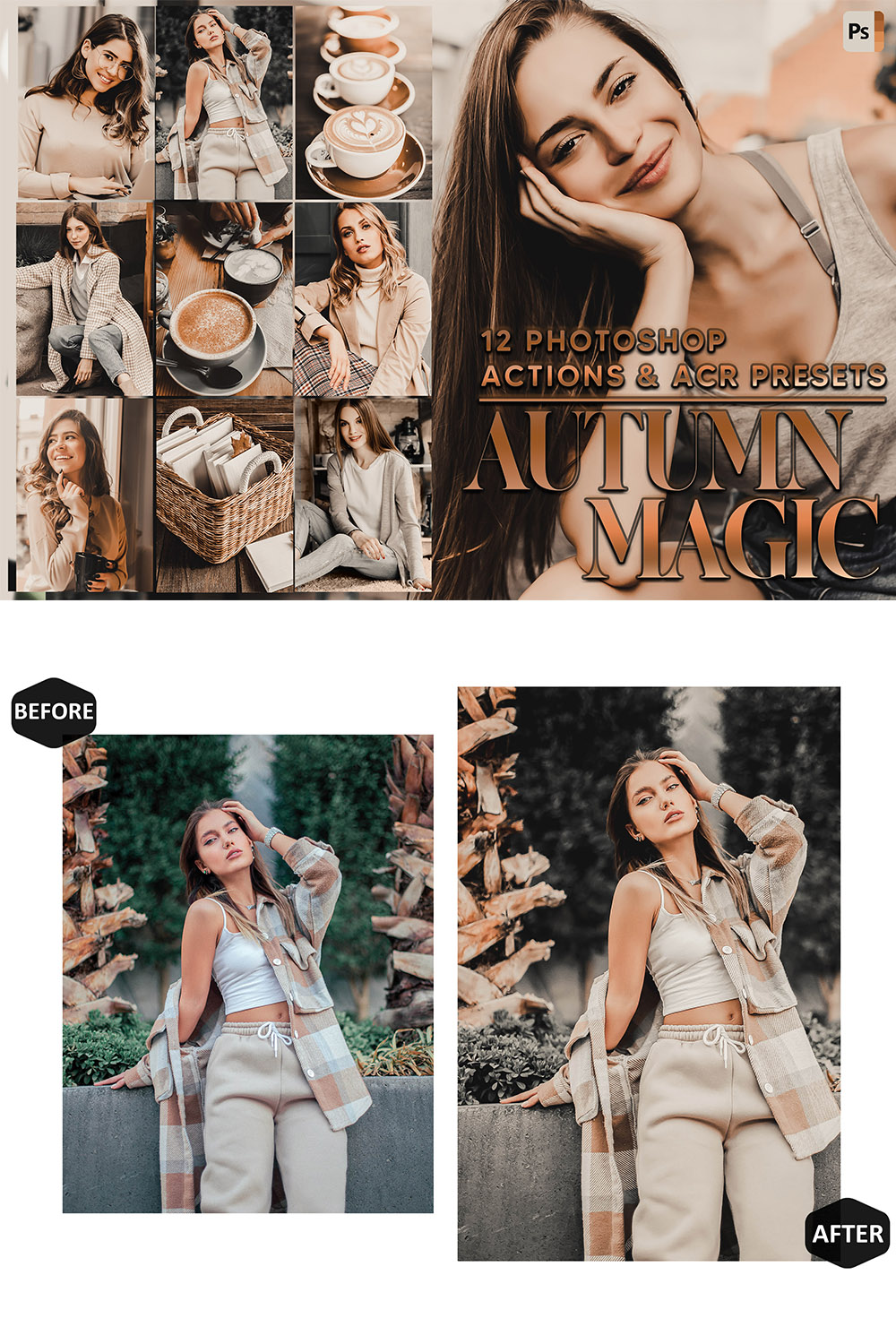 12 Photoshop Actions, Autumn Magic Ps Action, Brown ACR Preset, Season Fall Ps Filter, Atn Portrait And Lifestyle Theme For Instagram, Blogger pinterest preview image.
