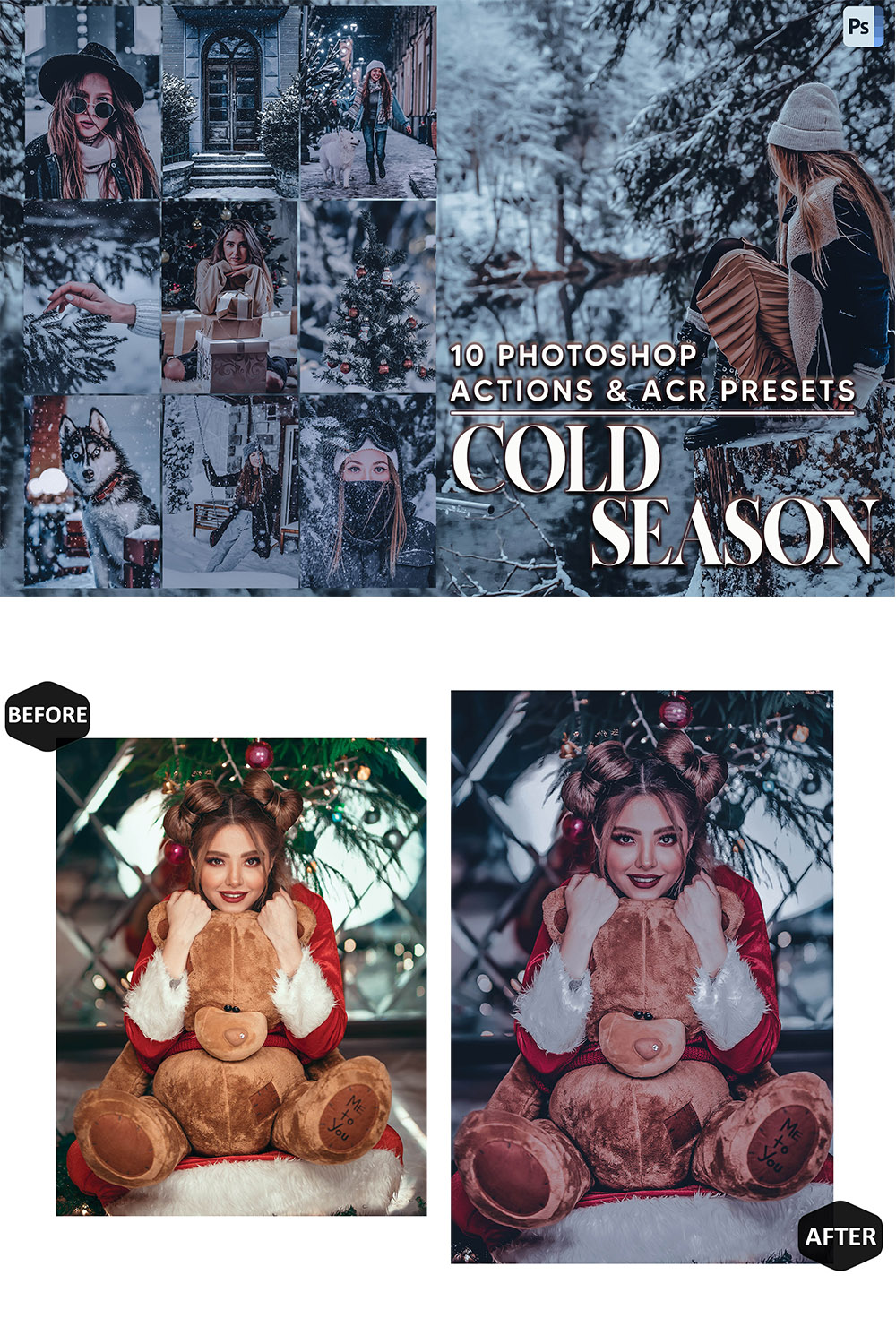 10 Photoshop Actions, Cold Season Ps Action, Blue ACR Preset, Moody Ps Filter, Snow Portrait And Lifestyle Theme For Instagram, Blogger pinterest preview image.