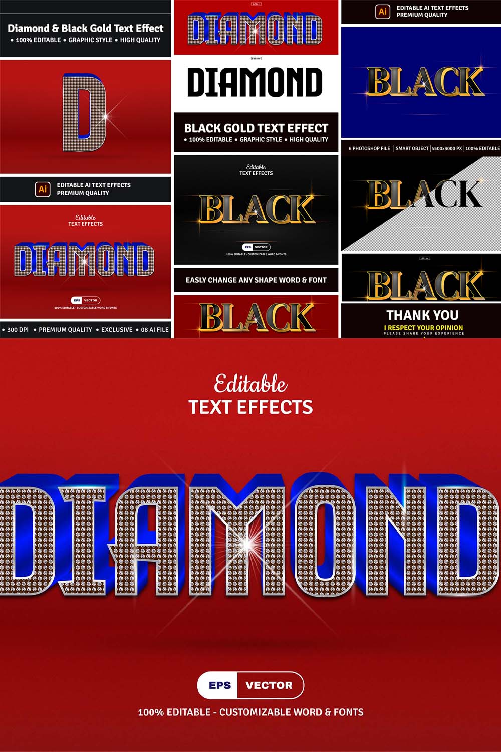 Diamond & Black Gold Text Effect pinterest preview image.