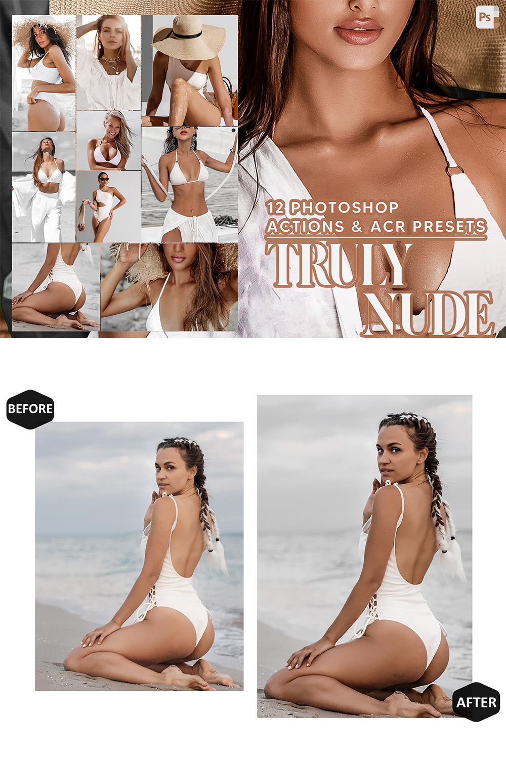 12 Photoshop Actions, Truly Nude Ps Action, Boudoir ACR Preset, Brown Skin Ps Filter, Atn Portrait And Lifestyle Theme For Instagram, Blogger pinterest preview image.