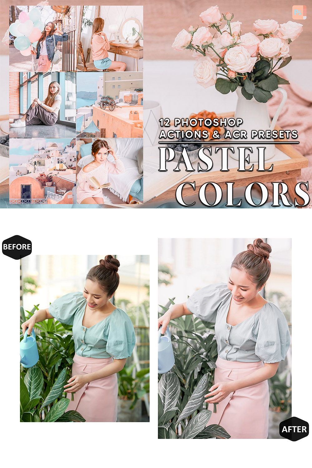 12 Photoshop Actions, Pastel Colors Ps Action, Bright ACR Preset, Spring Girl Ps Filter, Atn Portrait And Lifestyle Theme For Instagram, Blogger pinterest preview image.