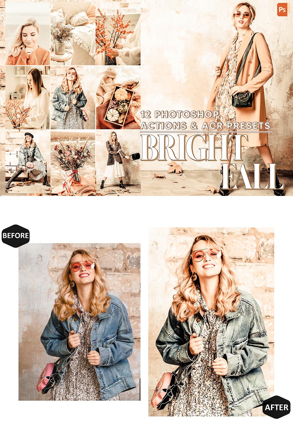 12 Photoshop Actions, Bright Fall Ps Action, Autumn ACR Preset, Orangish Ps Filter, Atn Portrait And Lifestyle Theme For Instagram, Blogger pinterest preview image.