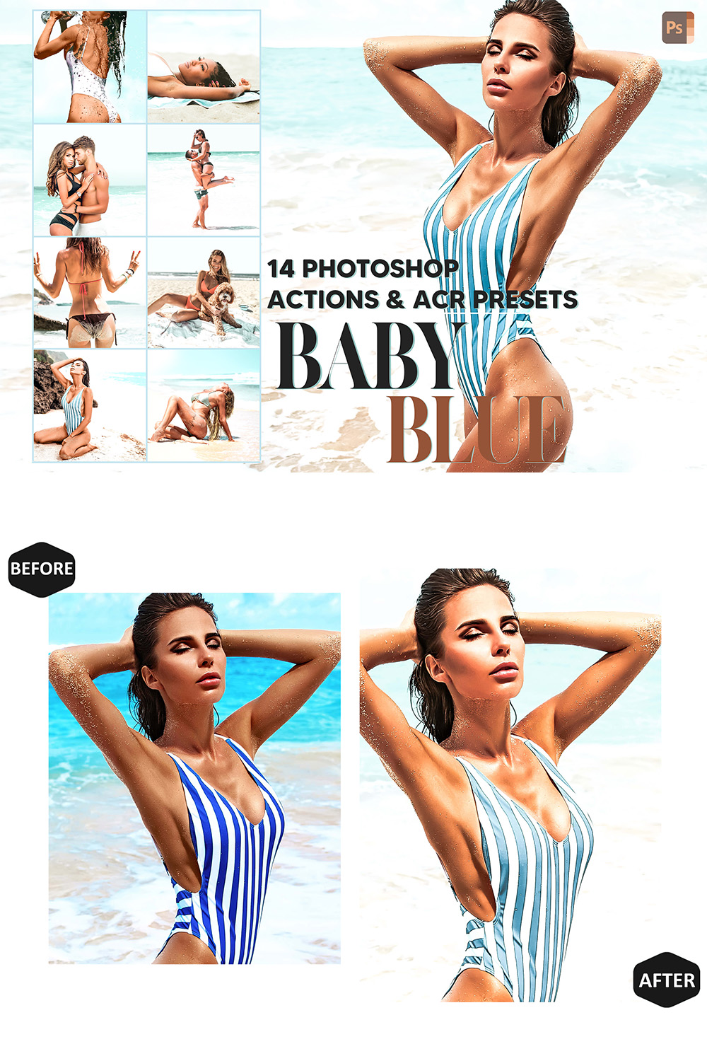 14 Photoshop Actions, Baby Blue Ps Action, Summer Bright ACR Preset, Cool Aqua Ps Filter, Atn Pictures And style Theme For Instagram, Blogger pinterest preview image.