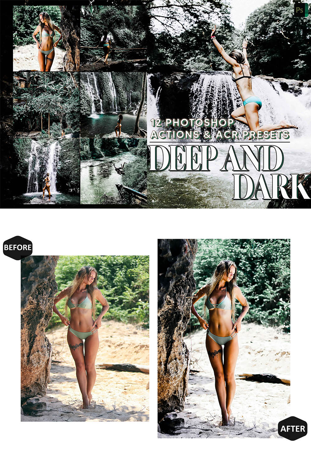 12 Photoshop Actions, Deep And Dark Ps Action, Moody ACR Preset, Jungle Ps Filter, Summer Portrait And Lifestyle Theme For Instagram, Outdoor pinterest preview image.