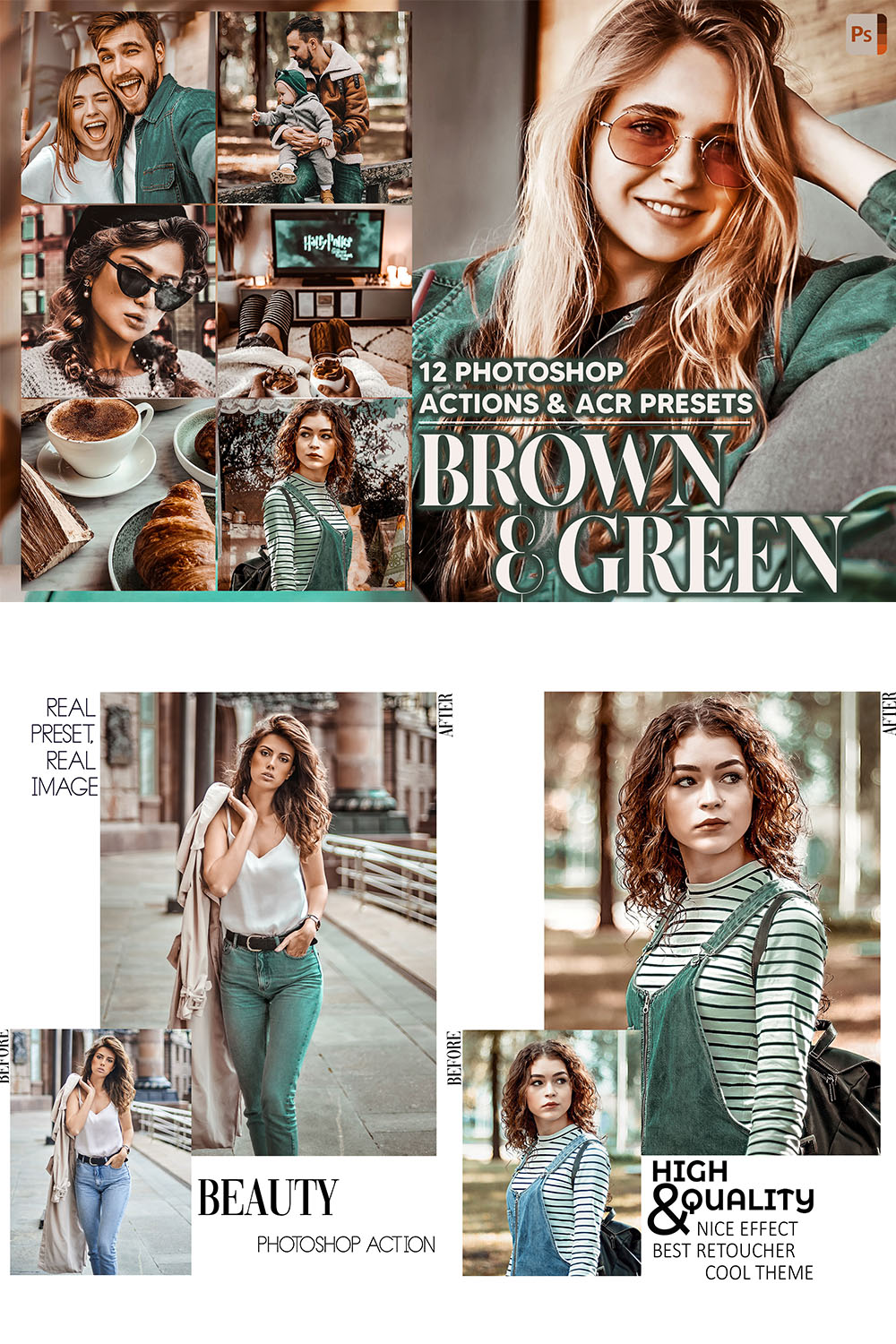 12 Photoshop Actions, Brown & Green Ps Action, Moody ACR Preset, Warm Ps Filter, Atn Portrait And Lifestyle Theme Instagram, Blogger Deep pinterest preview image.