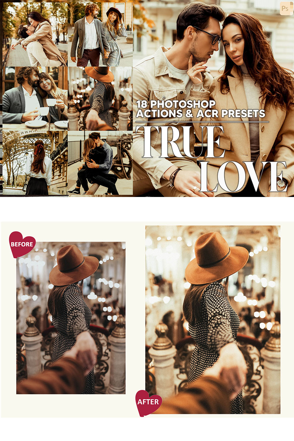 18 Photoshop Actions, True Love Ps Action, Romance ACR Preset, Warm Ps Filter, Atn Portrait And Lifestyle Theme For Instagram, Blogger pinterest preview image.