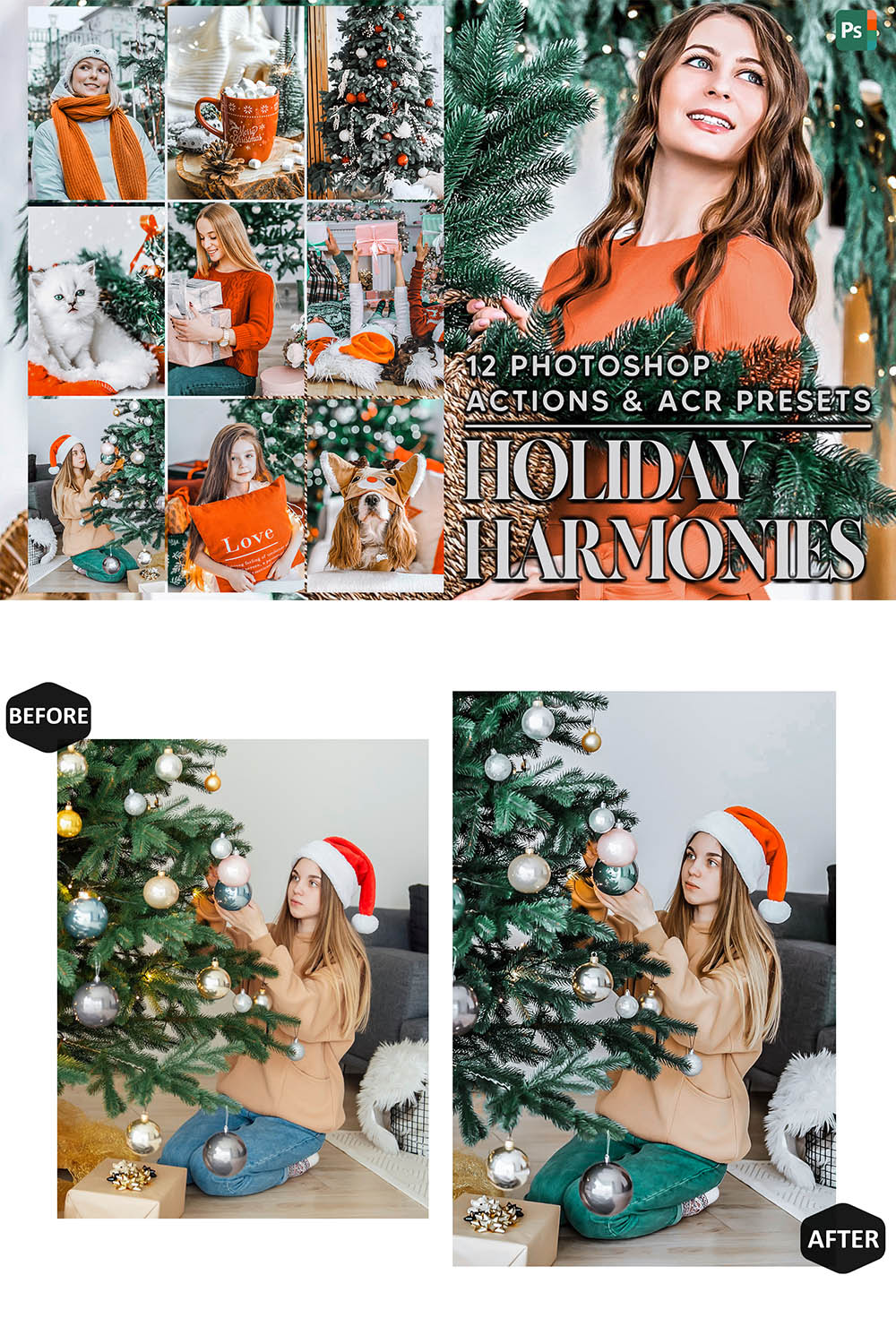 12 Photoshop Actions, Holiday Harmonies Ps Action, Orange Xmas ACR Preset, Christmas Ps Filter, Atn Portrait And Lifestyle Theme For Instagram, Blogger pinterest preview image.