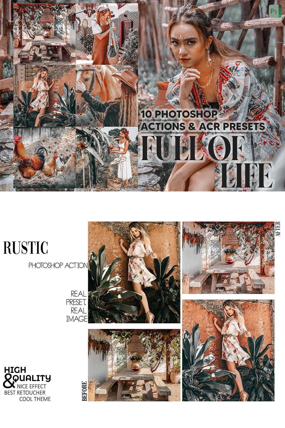 10 Photoshop Actions, Full Of Life Ps Action, Rustic ACR Preset, Summer Girl Ps Filter, Atn Portrait And Lifestyle Theme Instagram, Blogger pinterest preview image.