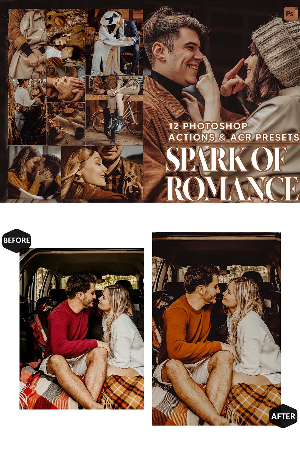 12 Photoshop Actions, Spark of Romance Ps Action, Romantic Love ACR Preset, Couple Ps Filter, Atn Portrait And Lifestyle Theme For Instagram, Blogger pinterest preview image.