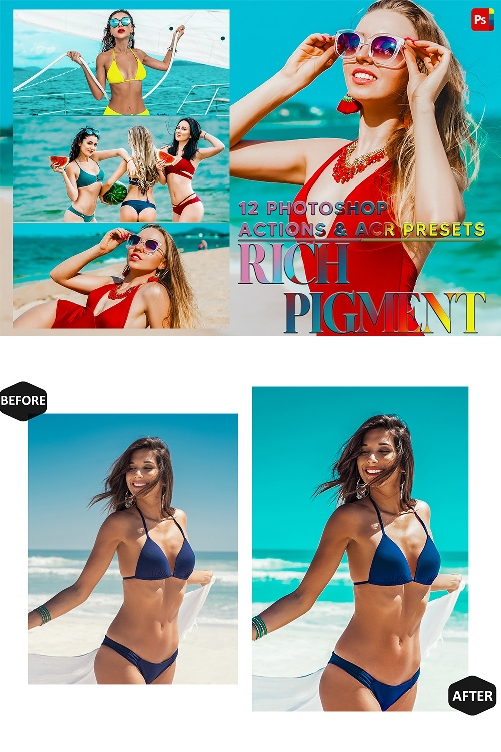 12 Photoshop Actions, Rich Pigment Ps Action, Vibrant ACR Preset, Summer Bright Ps Filter, Atn Portrait And Lifestyle Theme For Instagram, Blogger pinterest preview image.