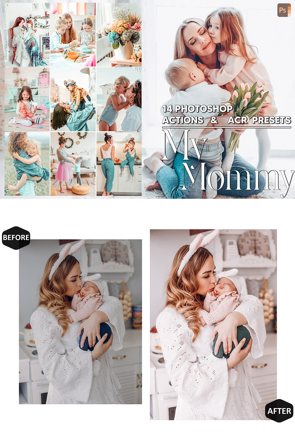 14 Photoshop Actions, My Mommy Ps Action, Light ACR Preset, Pastel Ps Filter, Atn Pictures And style Theme For Instagram, Blogger pinterest preview image.