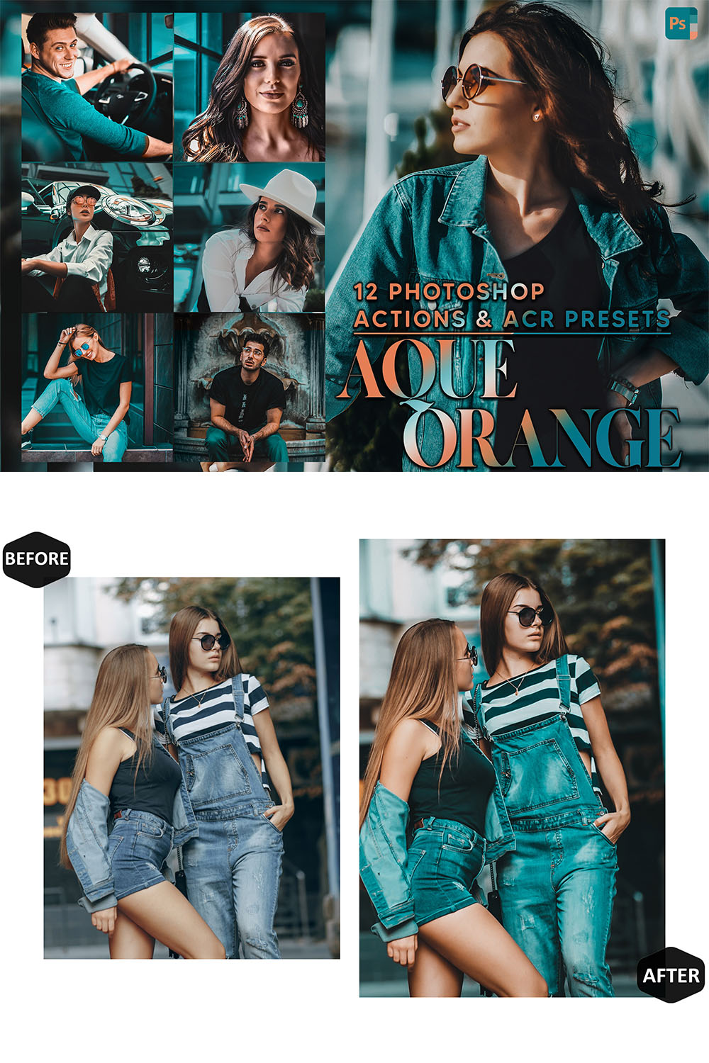 12 Photoshop Actions, Aqua Orange Ps Action, Moody Teal ACR Preset, Summer Ps Filter, Atn Portrait And Lifestyle Theme For Instagram Blogger pinterest preview image.