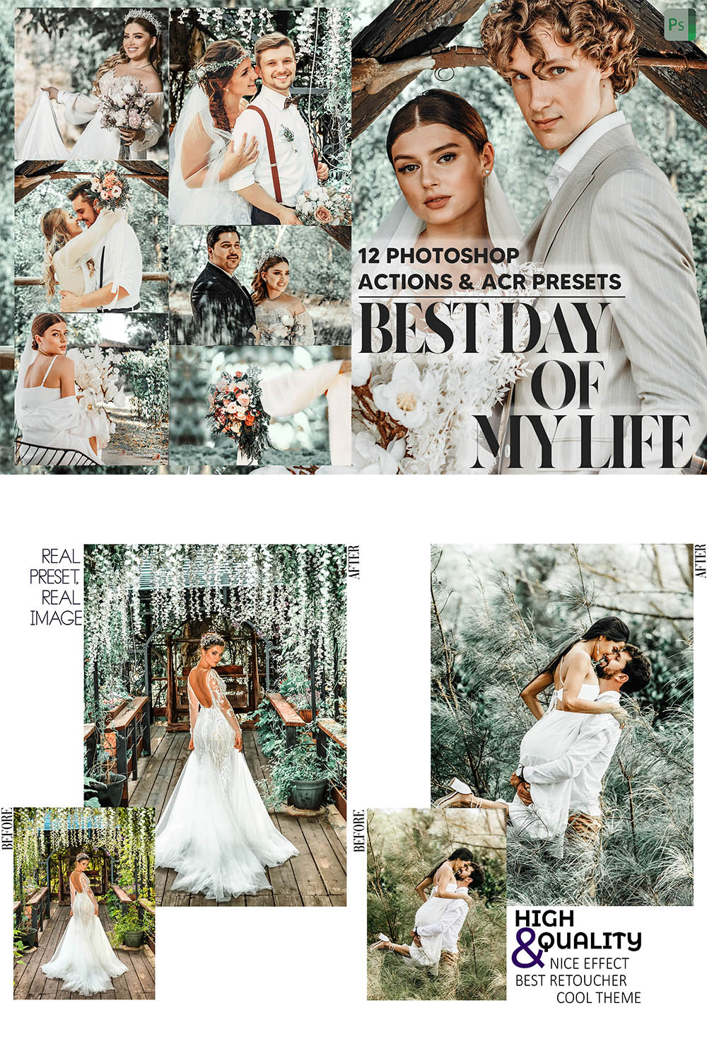 12 Photoshop Actions, Best Day Of My Life Ps Action, Wedding ACR Preset, Bridal Ps Filter, Atn Portrait Lifestyle Theme Instagram, Blogger pinterest preview image.
