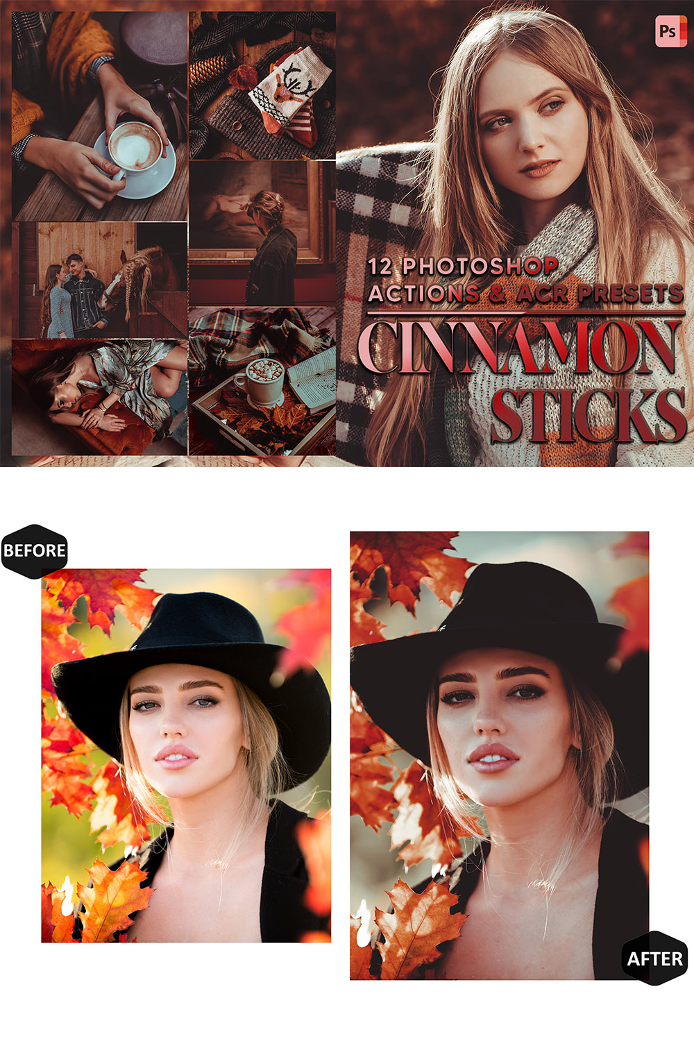 12 Photoshop Actions, Cinnamon Sticks Ps Action, Autumn Leaf ACR Preset, Fall Moody Ps Filter, Portrait And Lifestyle Theme For Instagram, Blogger pinterest preview image.