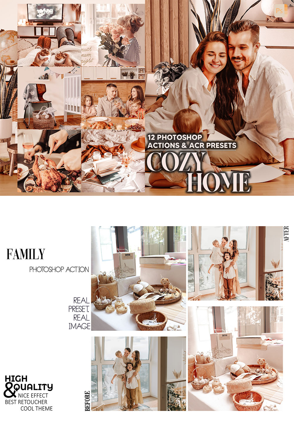 12 Photoshop Actions, Cozy Home Ps Action, Family Time ACR Preset, Warm Indoor Ps Filter, Atn Portrait And Lifestyle Theme Instagram Blogger pinterest preview image.