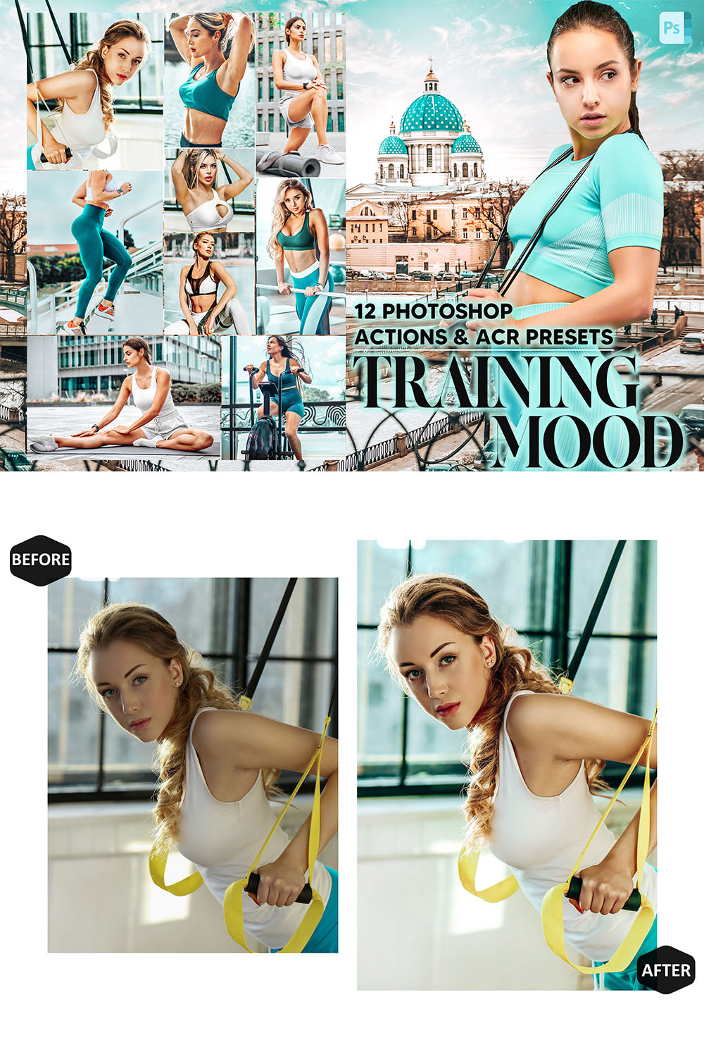 12 Photoshop Actions, Training Mood Ps Action, Fitness ACR Preset, Fit Sports Ps Filter, Atn Portrait And Lifestyle Theme Instagram, Blogger pinterest preview image.