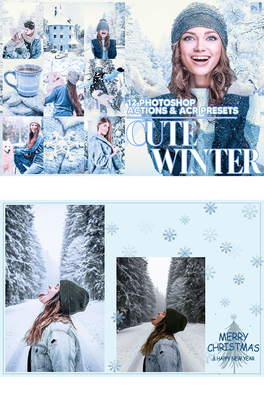 12 Photoshop Actions, Cute Winter Ps Action, Snow ACR Preset, Christmas Ps Filter, Atn Portrait And Lifestyle Theme For Instagram, Blogger pinterest preview image.