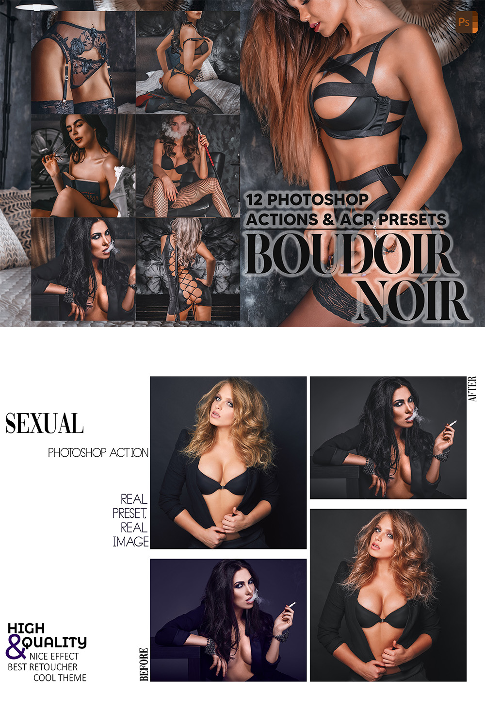 12 Photoshop Actions, Boudoir Noir Ps Action, Moody Sexy ACR Preset, Warm Nude Ps Filter, Atn Portrait And Lifestyle Theme Instagram Blogger pinterest preview image.