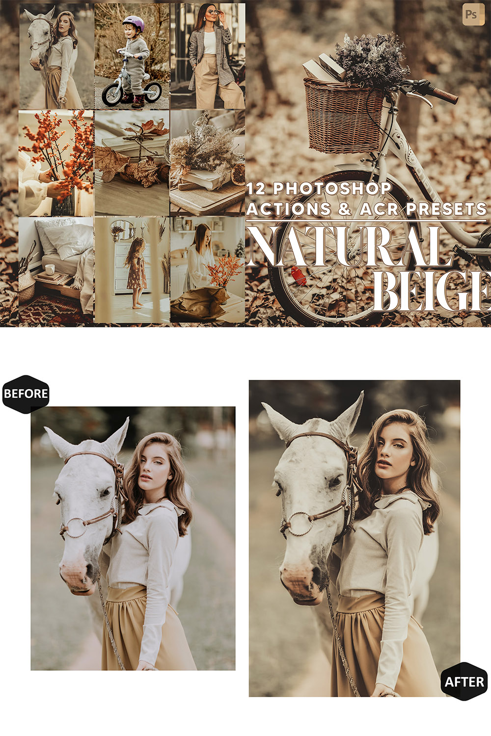 12 Photoshop Actions, Natural Beige Ps Action, Moody ACR Preset, Cream Ps Filter, Atn Portrait And Lifestyle Theme For Instagram, Blogger pinterest preview image.