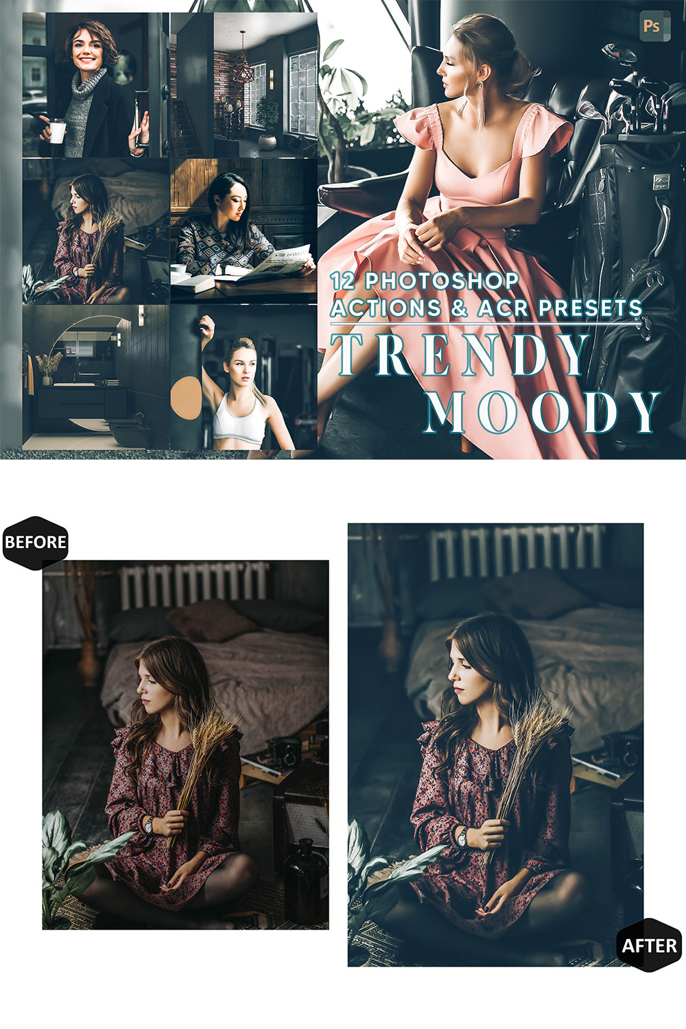 12 Photoshop Actions, Trendy Moody Ps Action, Matte Airy ACR Preset, Skin Warm Ps Filter, Portrait And Lifestyle Theme For Instagram, Blogger pinterest preview image.