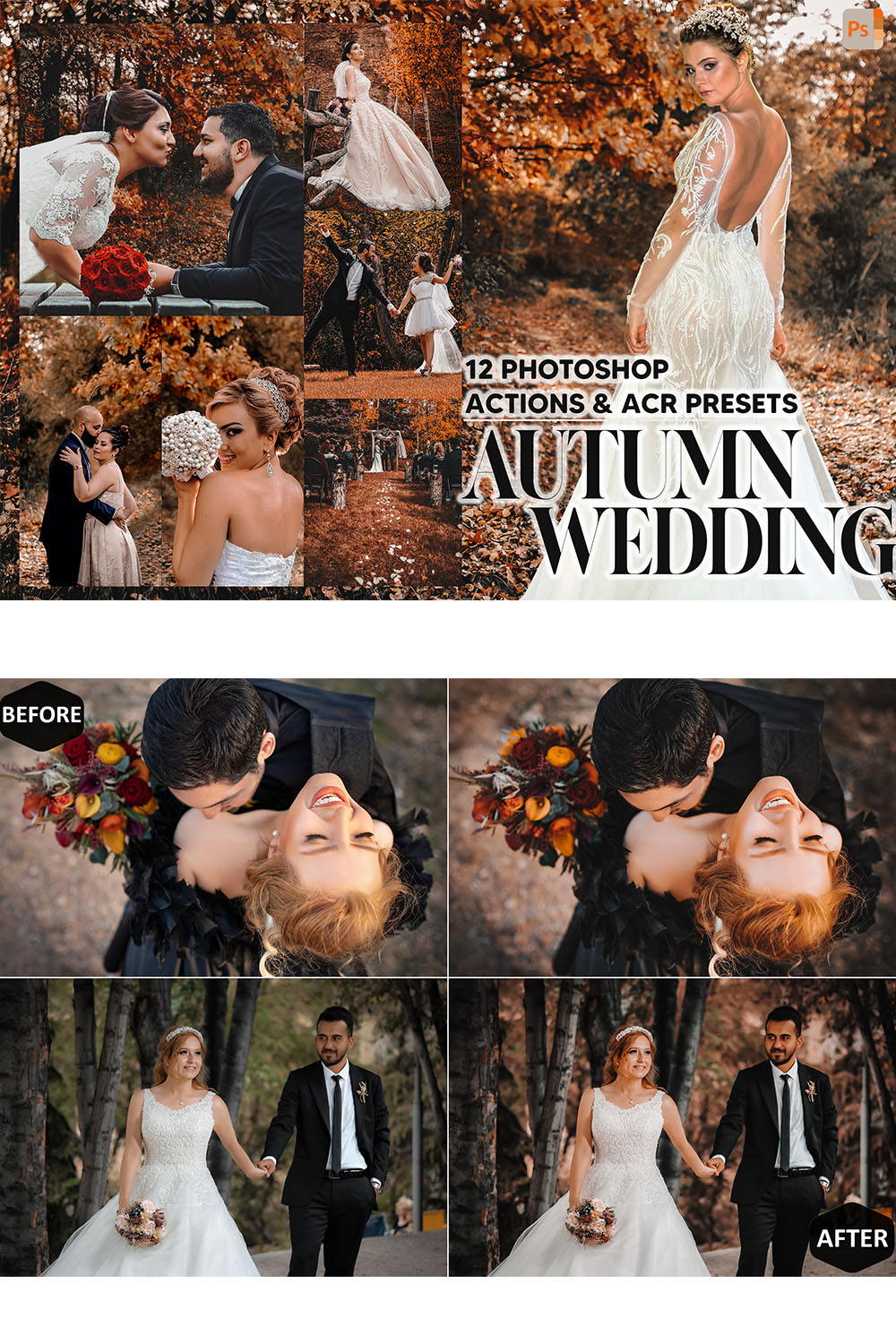 12 Photoshop Actions, Autumn Wedding Ps Action, Fall ACR Preset, Bridal Ps Filter, Atn Portrait And Lifestyle Theme For Instagram Blogger pinterest preview image.