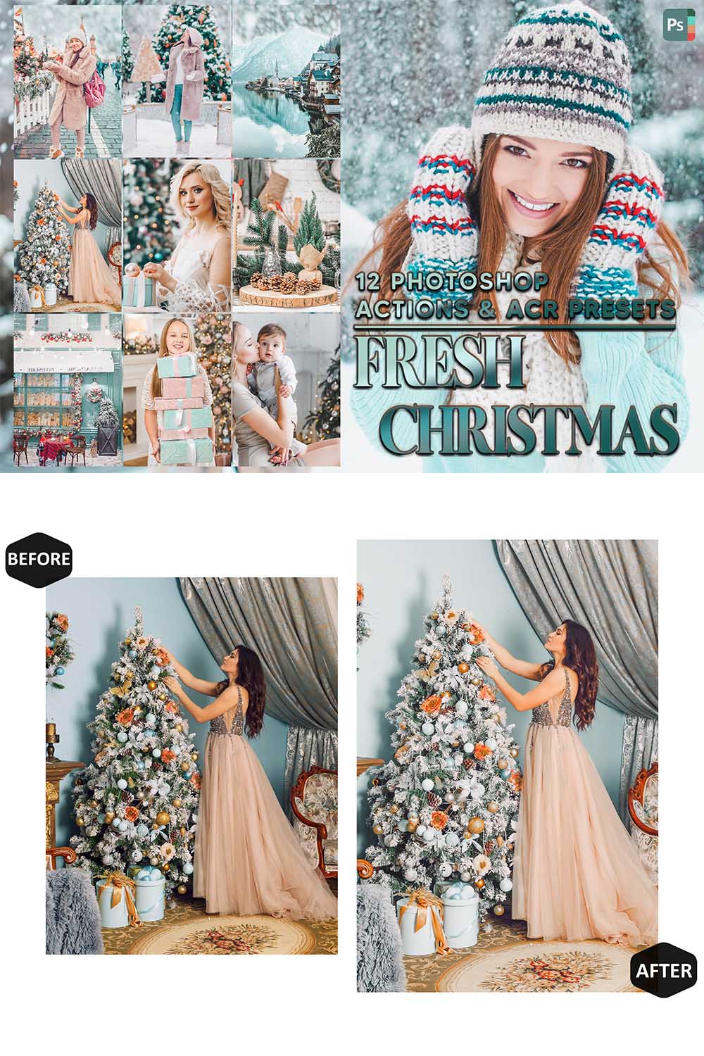 12 Photoshop Actions, Fresh Christmas Ps Action, Holiday ACR Preset, Green And Blue Ps Filter, Atn Portrait And Lifestyle Theme For Instagram, Blogger pinterest preview image.