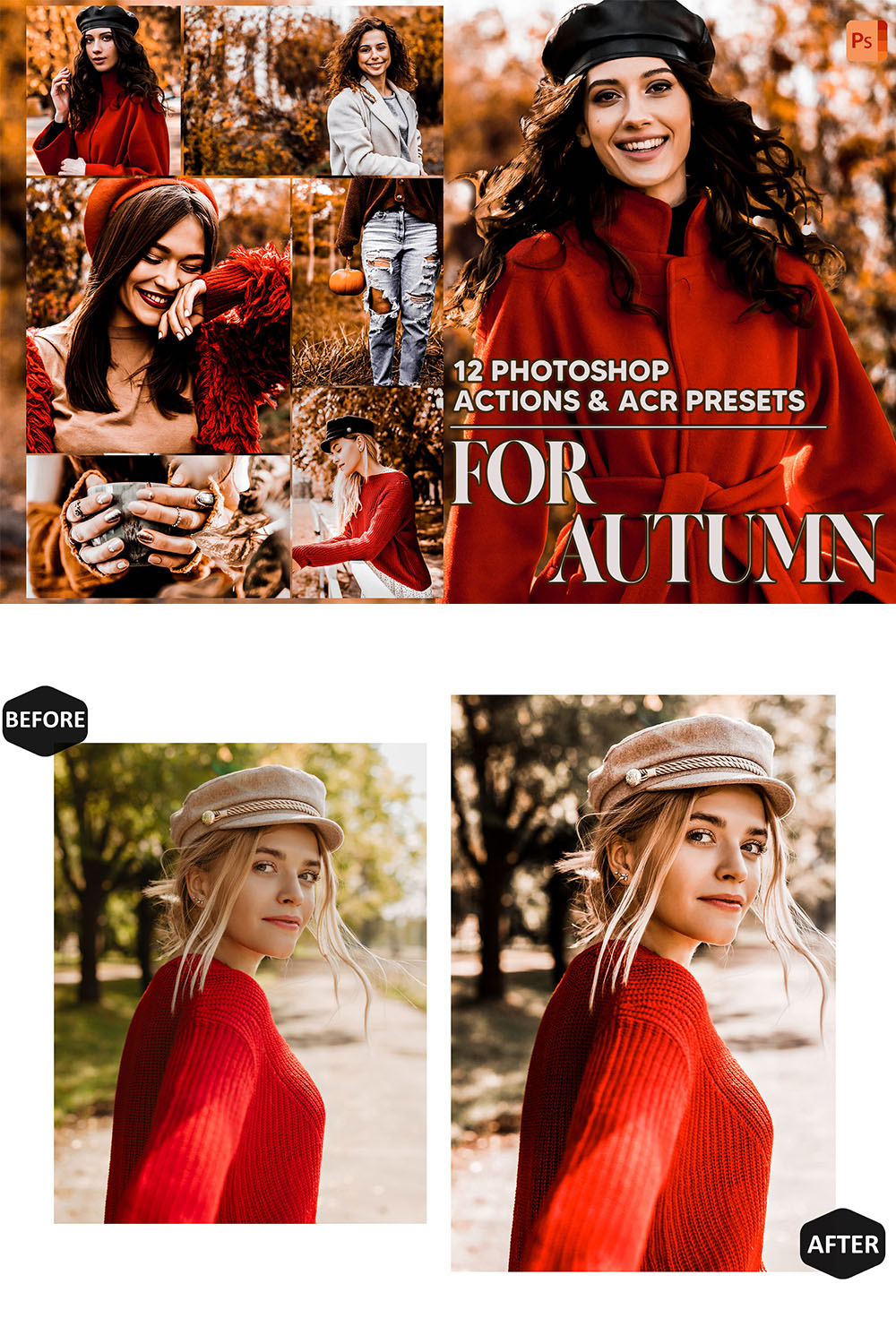 12 Photoshop Actions, For Autumn Ps Action, Girly ACR Preset, Fall Ps Filter, Atn Portrait And Lifestyle Theme For Instagram, Blogger pinterest preview image.