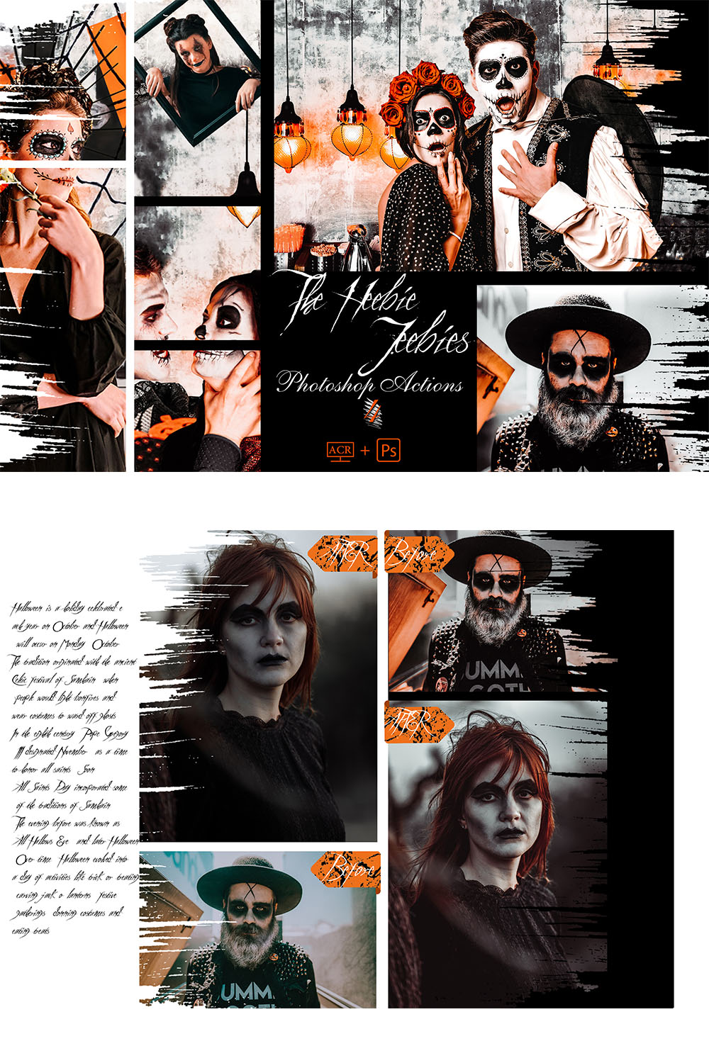 12 Photoshop Actions, The Heebie-Jeebies Ps Action, Halloween ACR Preset, Horror Ps Filter, Atn Portrait Lifestyle Theme Instagram Blogger pinterest preview image.