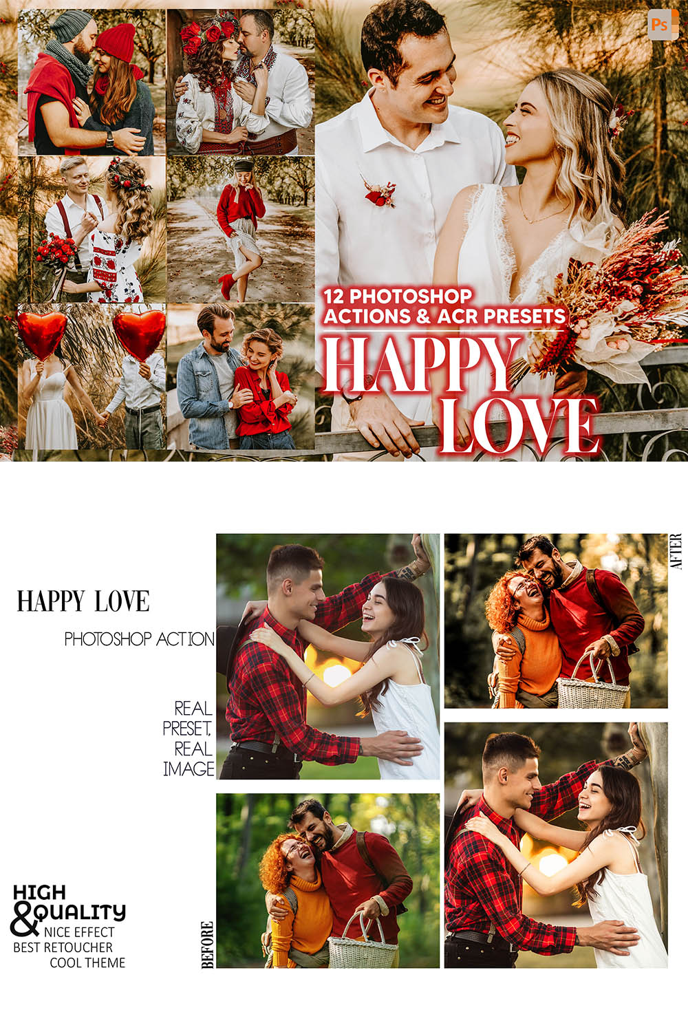 12 Photoshop Actions, Happy Love Ps Action, Romance ACR Preset, Bright Ps Filter, Atn Portrait And Lifestyle Theme Instagram, Blogger Warm pinterest preview image.