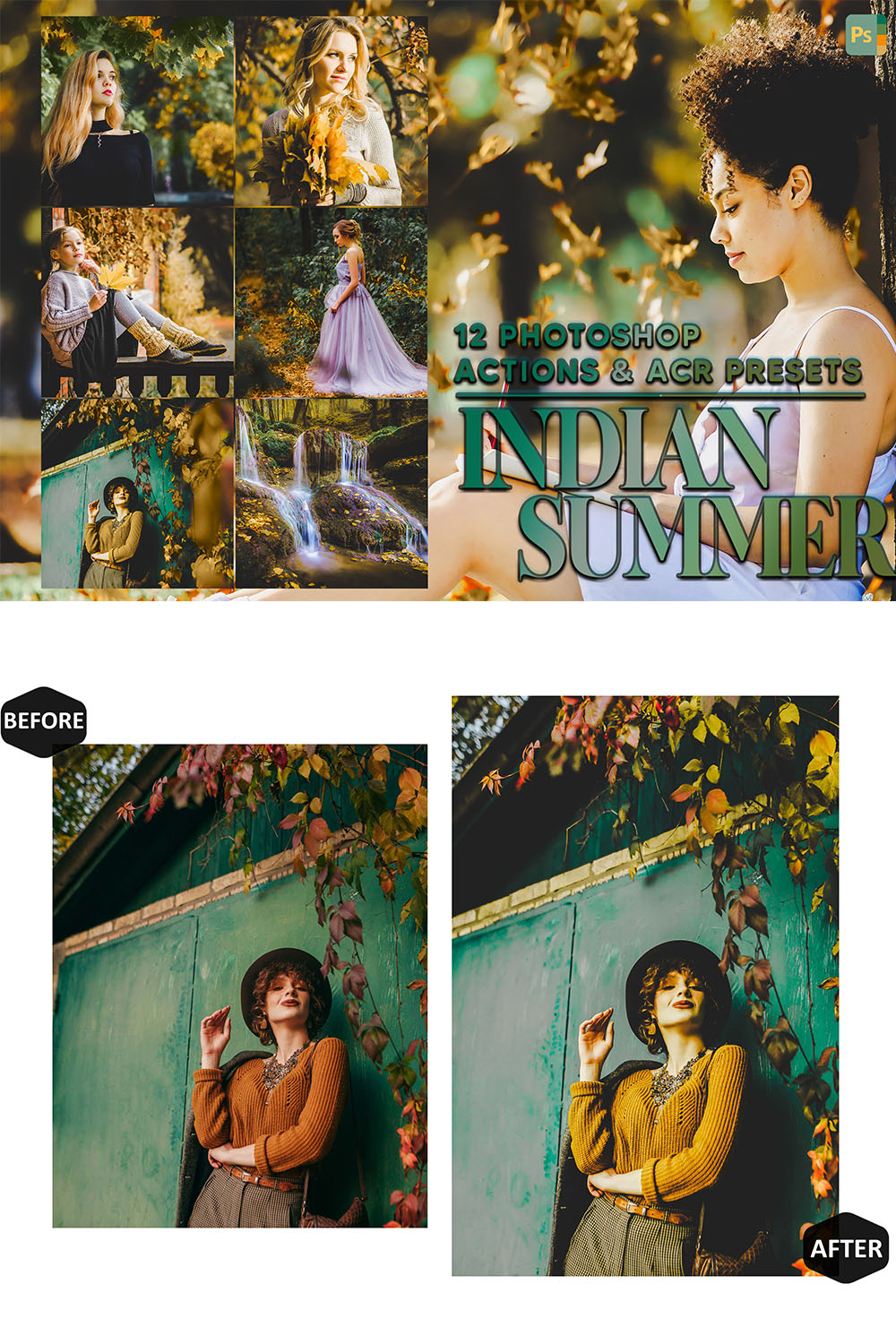 12 Photoshop Actions, Indian Summer Ps Action, Autumn ACR Preset, Fall Yellow Ps Filter, Portrait And Lifestyle Theme For Instagram, Blogger pinterest preview image.