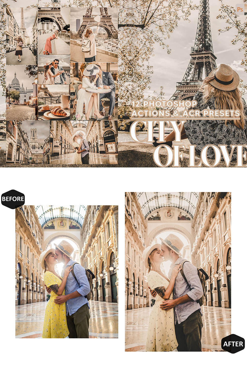 12 Photoshop Actions, City Of Love Ps Action, Paris Warm ACR Preset, Romantic Ps Filter, Atn Portrait And Lifestyle Theme For Instagram, Blogger pinterest preview image.