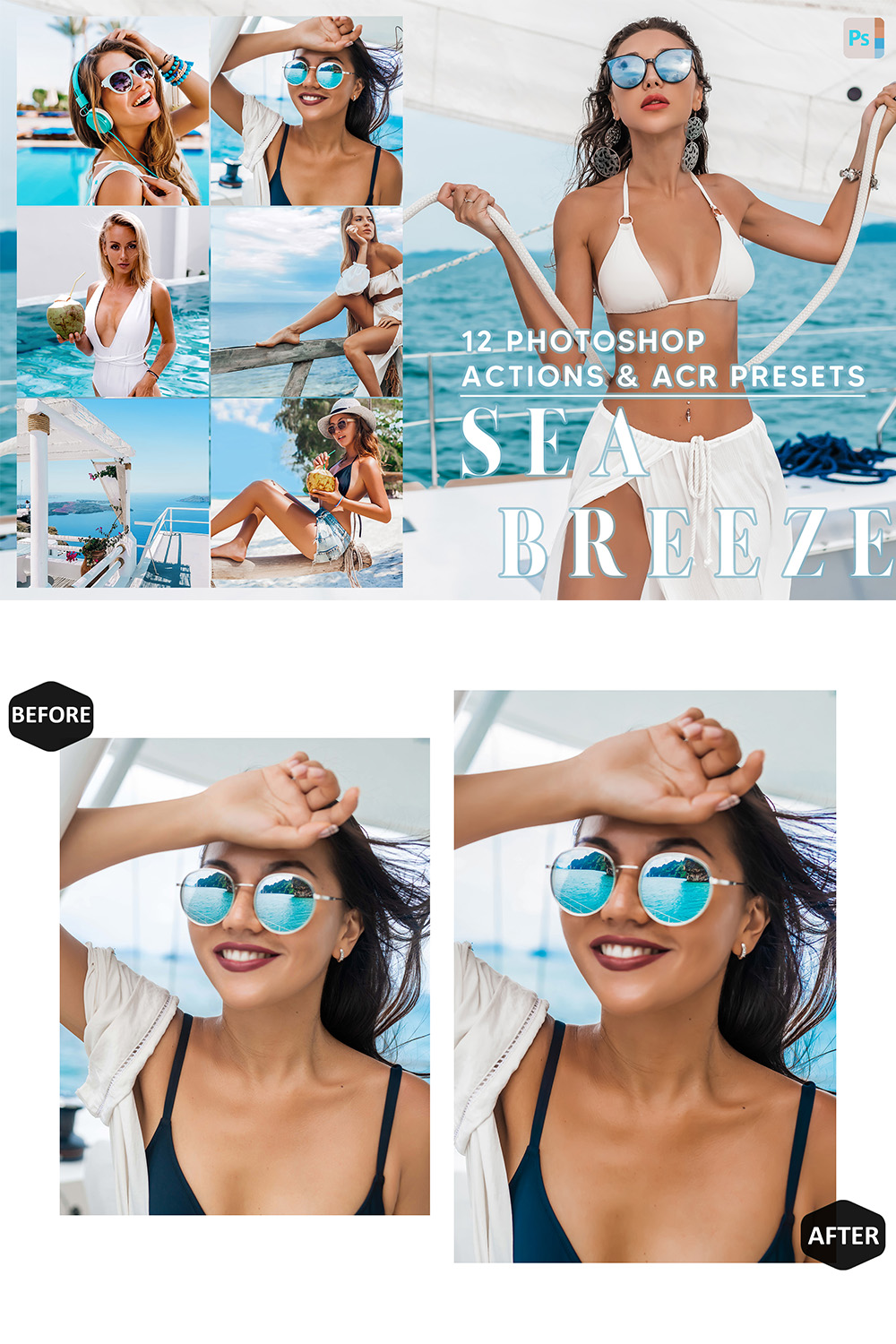 12 Photoshop Actions, Sea Breeze Ps Action, Summer ACR Preset, Bright Ps Filter, Portrait And Lifestyle Theme For Instagram, Blogger pinterest preview image.