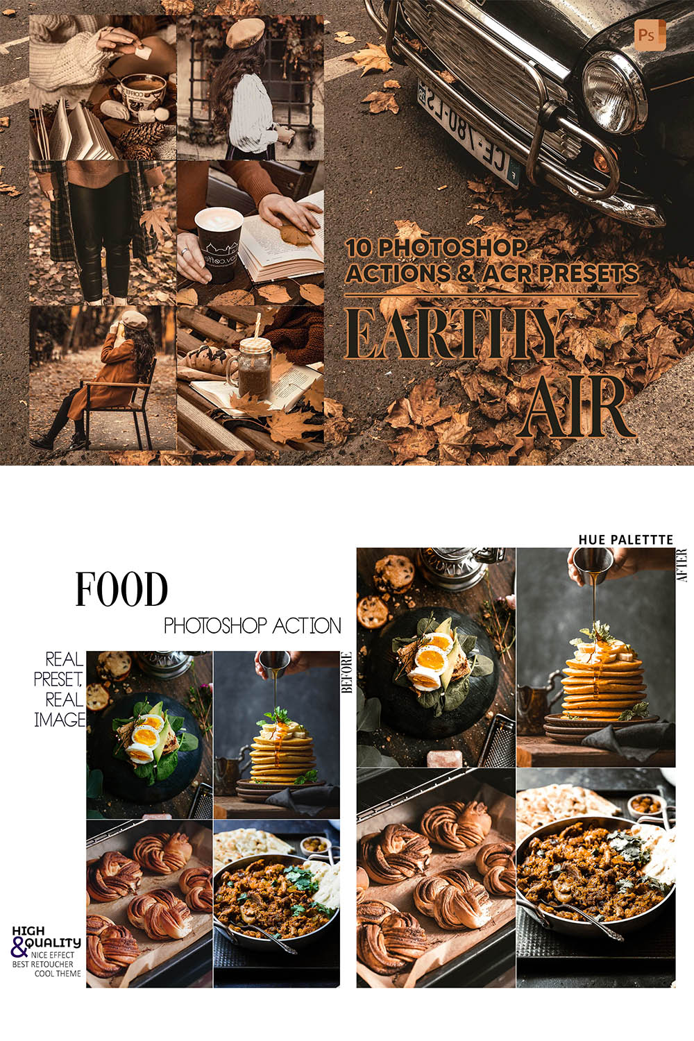 10 Photoshop Actions, Earthy Air Ps Action, Autumn ACR Preset, Warm Ps Filter, Atn Portrait And Lifestyle Theme For Instagram, Blogger pinterest preview image.