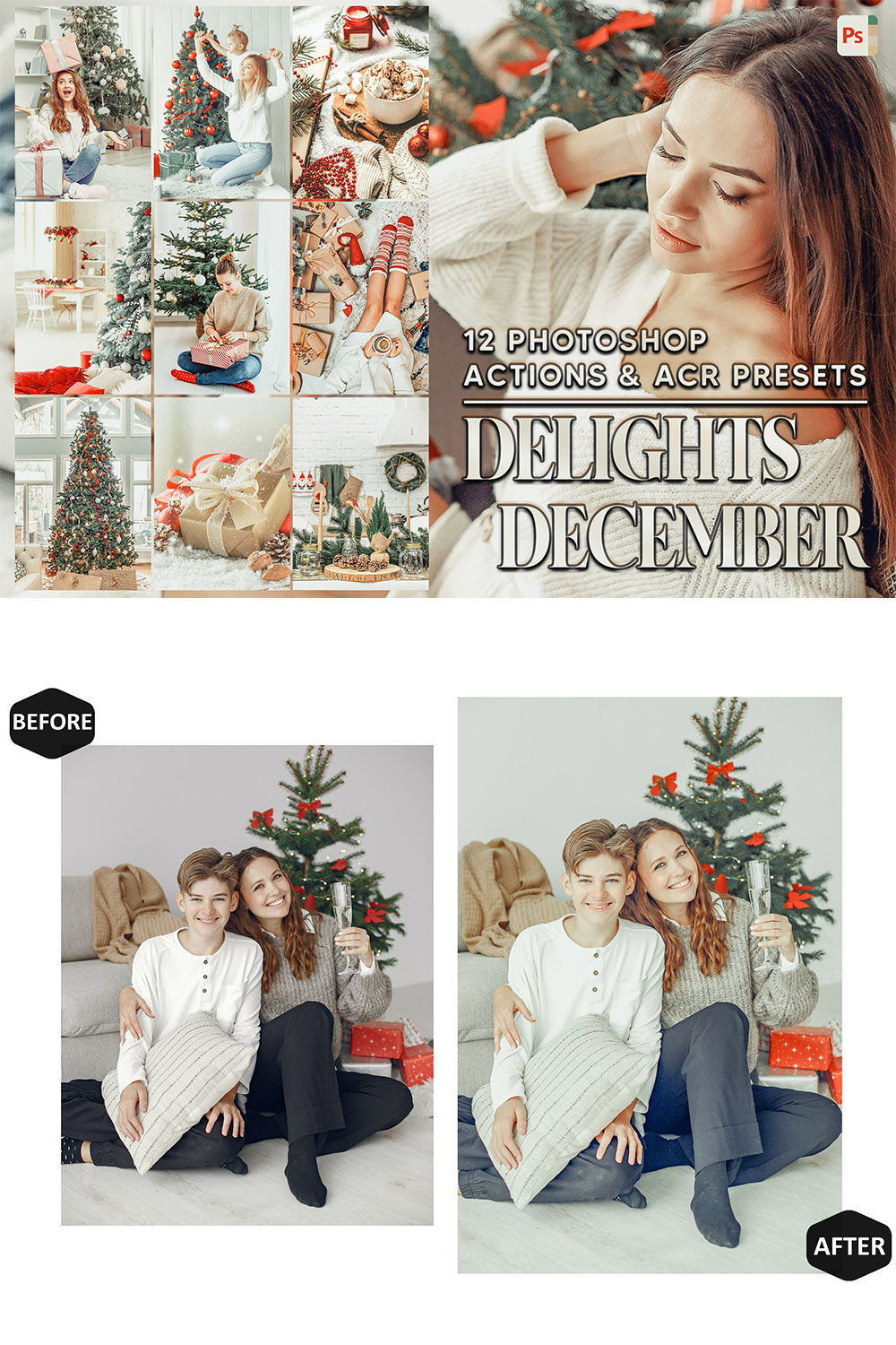 12 Photoshop Actions, Delights December Ps Action, Christmas ACR Preset, White Ps Filter, Atn Portrait And Lifestyle Theme For Instagram, Blogger pinterest preview image.