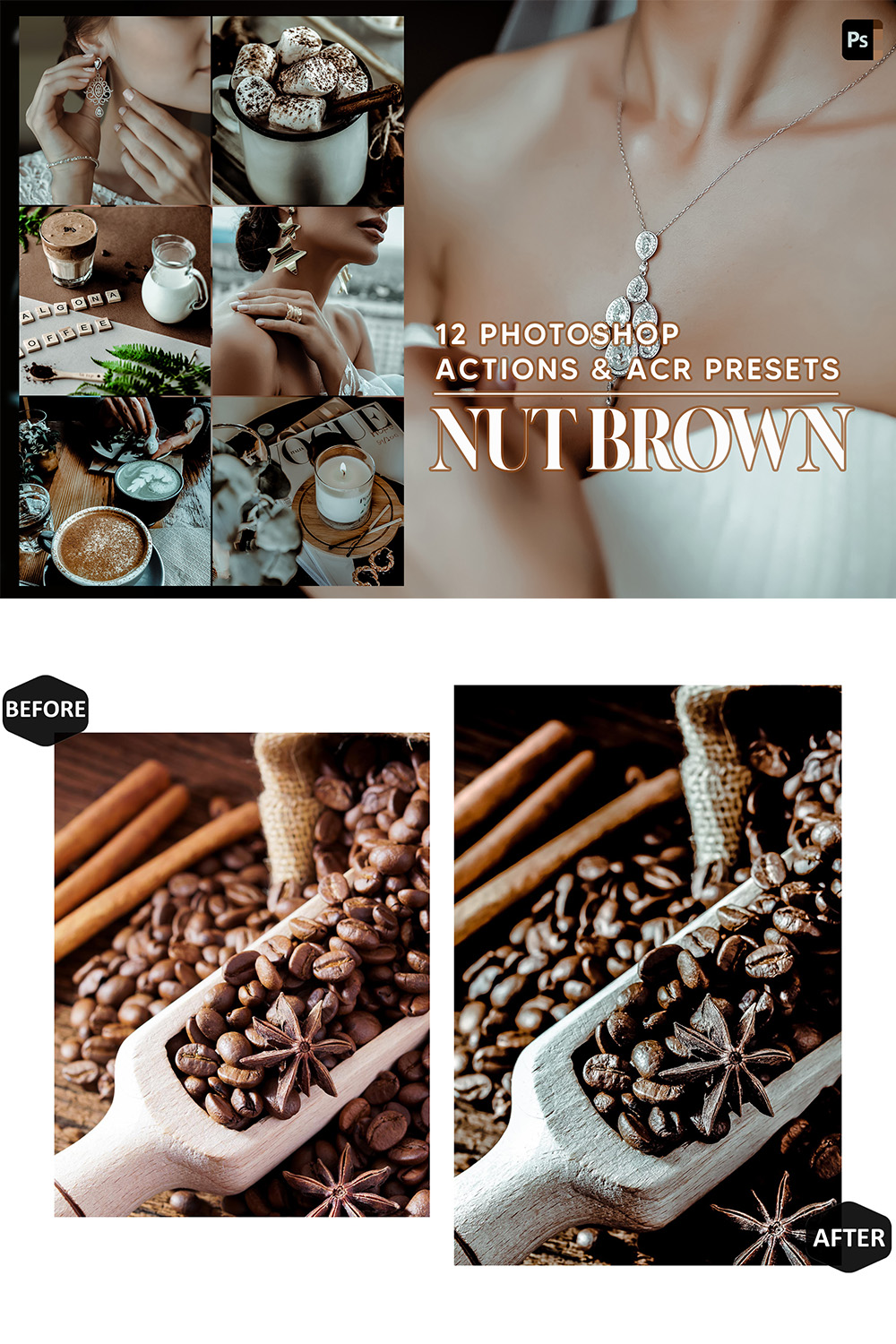 12 Photoshop Actions, Nut Brown Ps Action, Close Up ACR Preset, Moody Brown Ps Filter, Portrait And Lifestyle Theme For Instagram, Blogger pinterest preview image.