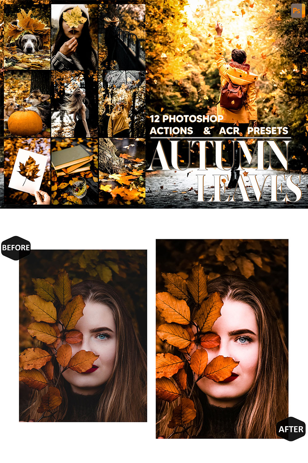 12 Photoshop Actions, Autumn Leaves Ps Action, Fall ACR Preset, Pumpkin Ps Filter, Atn Portrait And Lifestyle Theme For Instagram, Blogger pinterest preview image.