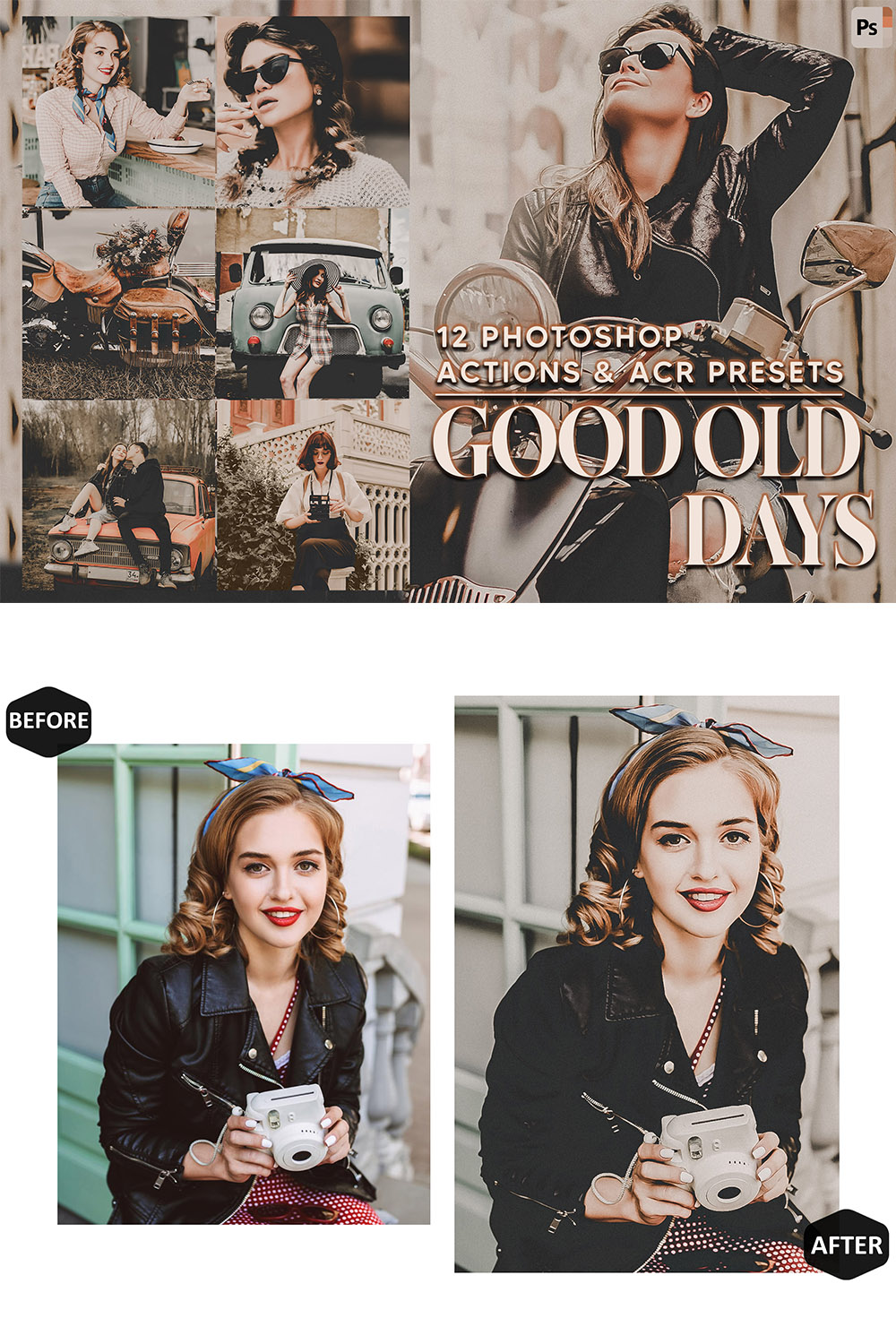 12 Photoshop Actions, Good Old Days Ps Action, Vintage ACR Preset, Autumn Ps Filter, Portrait And Lifestyle Theme For Instagram, Blogger pinterest preview image.