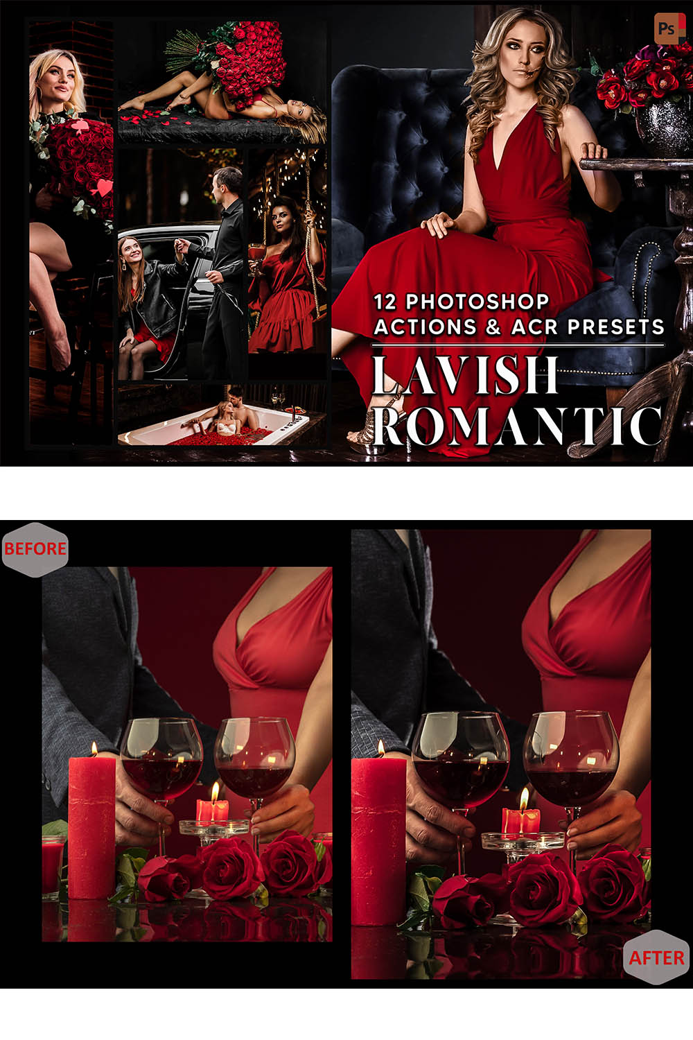 12 Photoshop Actions, Lavish Romantic Ps Action, Valentine ACR Preset, Luxury Couple Ps Filter, Atn Portrait And Lifestyle Theme For Instagram, Blogger pinterest preview image.