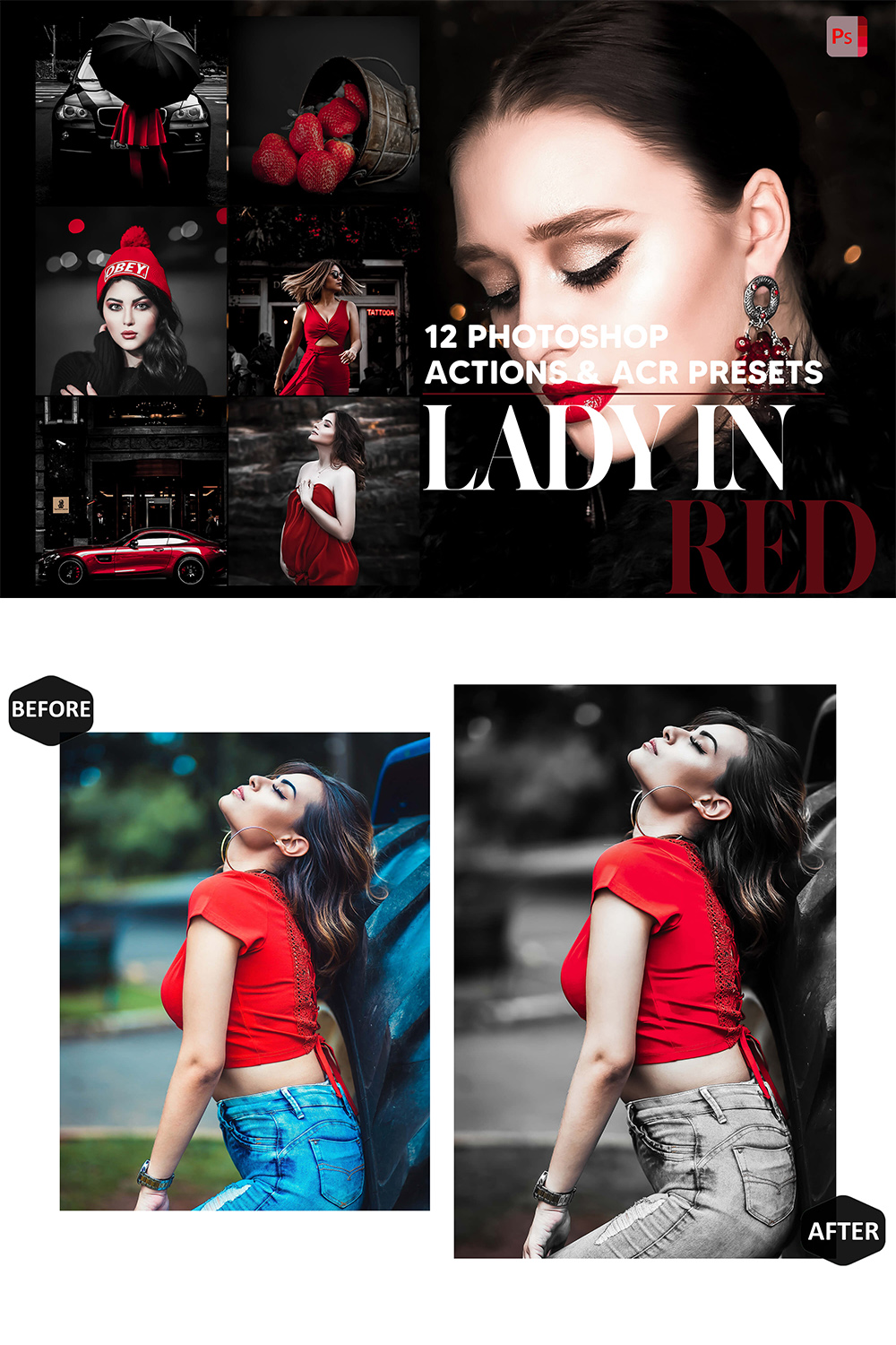 12 Photoshop Actions, Lady In Red Ps Action, Monochrome ACR Preset, Focus Ps Filter, Atn Portrait And Lifestyle Theme For Instagram, Blogger pinterest preview image.