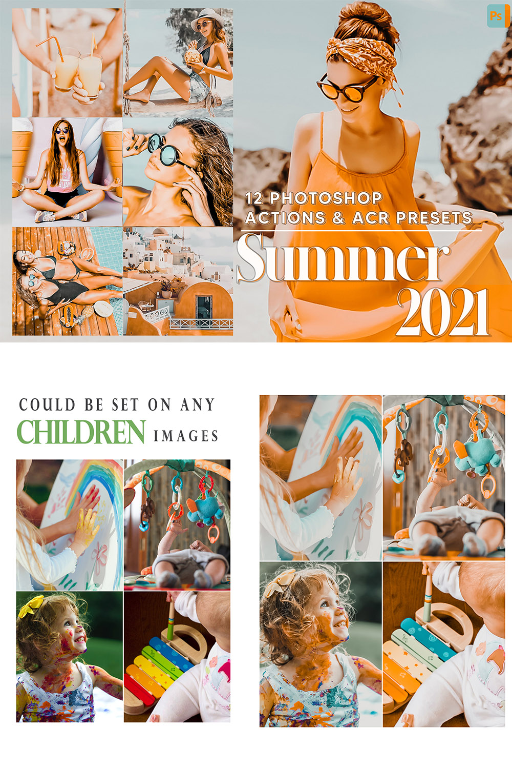 12 Photoshop Actions, Summer 2021 Ps Action, Peachy ACR Preset, Orange Bright Ps Filter, Atn Portrait And Lifestyle Theme Instagram, Blogger pinterest preview image.