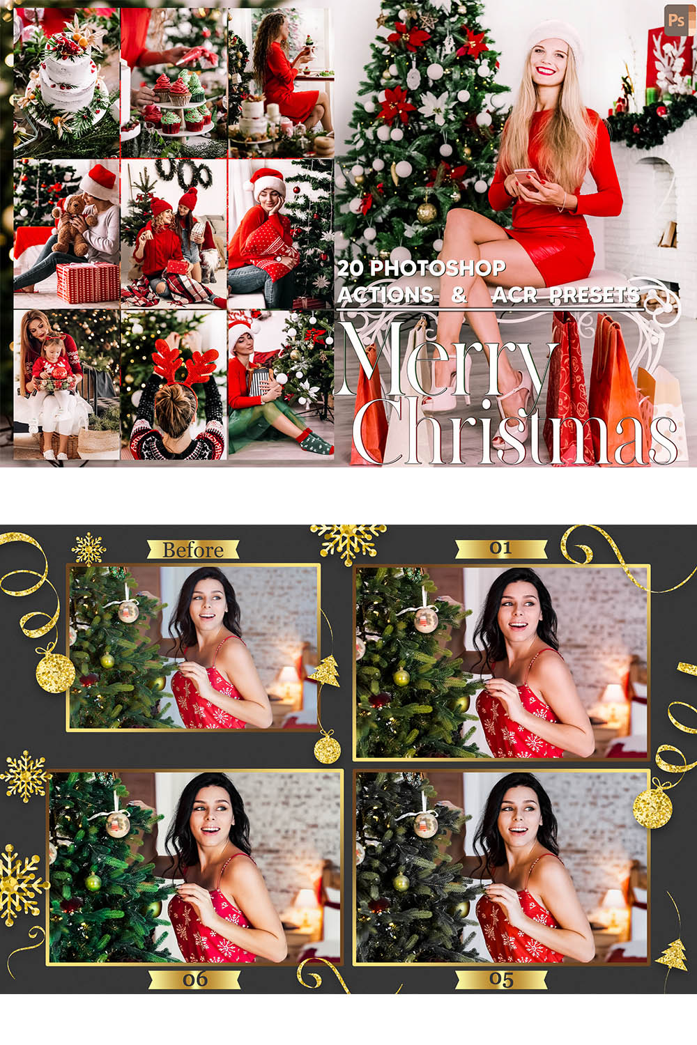 20 Photoshop Actions, Merry Christmas Ps Action, Light ACR Preset, Xmas Ps Filter, Atn Pictures And Style Theme For Instagram, Blogger pinterest preview image.