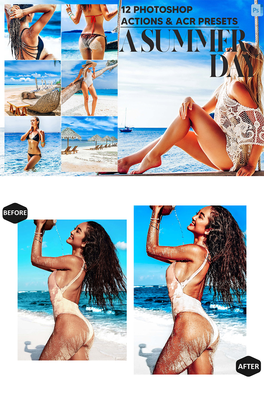 12 Photoshop Actions, A Summer Day Ps Action, Ocean Blue ACR Preset, Beach Ps Filter, Atn Portrait And Lifestyle Theme Instagram, Blogger pinterest preview image.