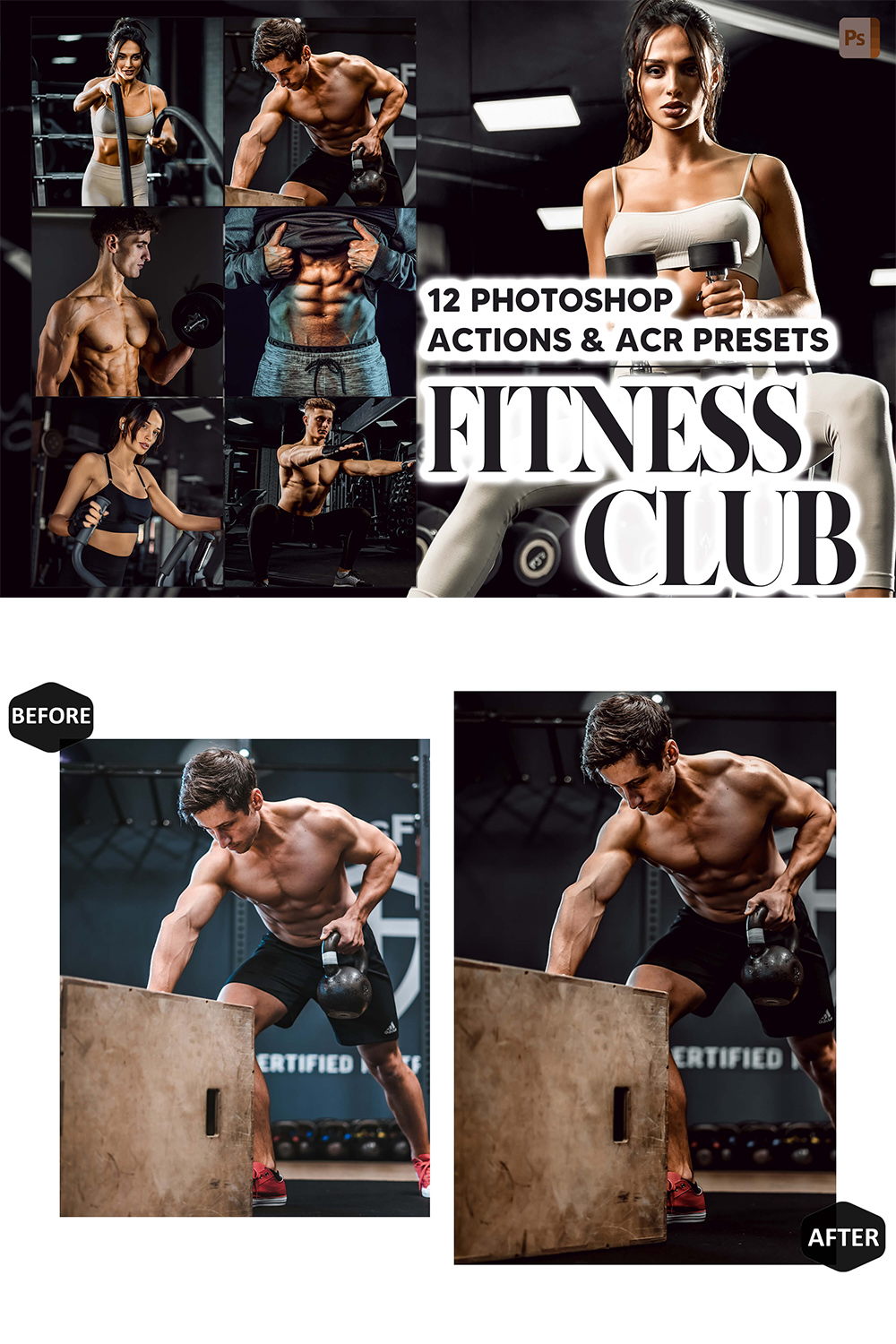 12 Photoshop Actions, Fitness Club Ps Action, Bodybuilding ACR Preset, Sport Ps Filter, Atn Portrait And Lifestyle Theme Instagram, Blogger pinterest preview image.