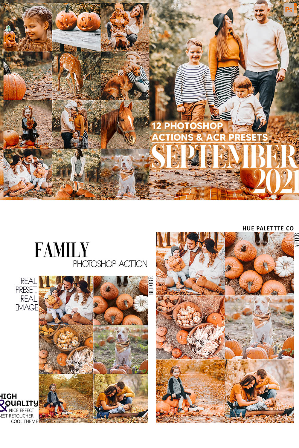 12 Photoshop Actions, September 2021 Ps Action, Pumpkin ACR Preset, Autumn Ps Filter, Atn Portrait And Lifestyle Theme For Instagram Blogger pinterest preview image.