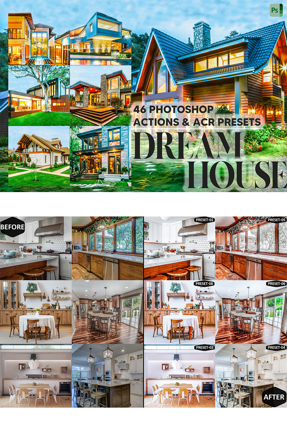 46 Photoshop Actions, Dream House Ps Action, Real Estate ACR Preset, Interior Ps Filter, Atn Portrait And Lifestyle Theme Instagram Blogger pinterest preview image.