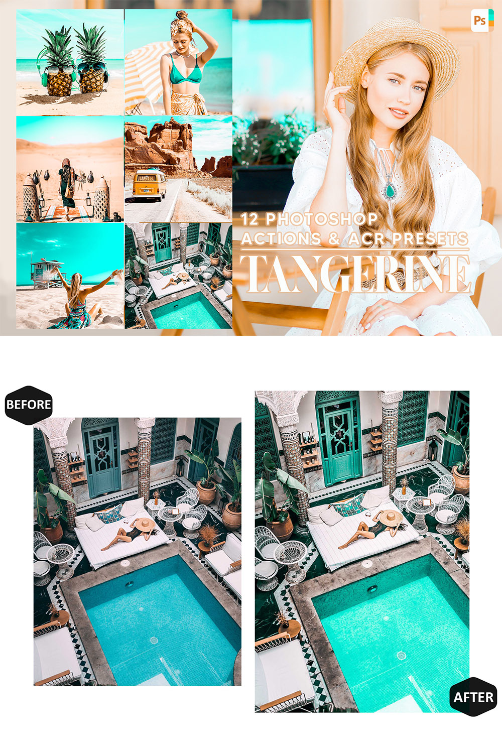 12 Photoshop Actions, Tangerine Ps Action, Bright ACR Preset, Teal Blue Ps Filter, Portrait And Lifestyle Theme For Instagram, Blogger pinterest preview image.