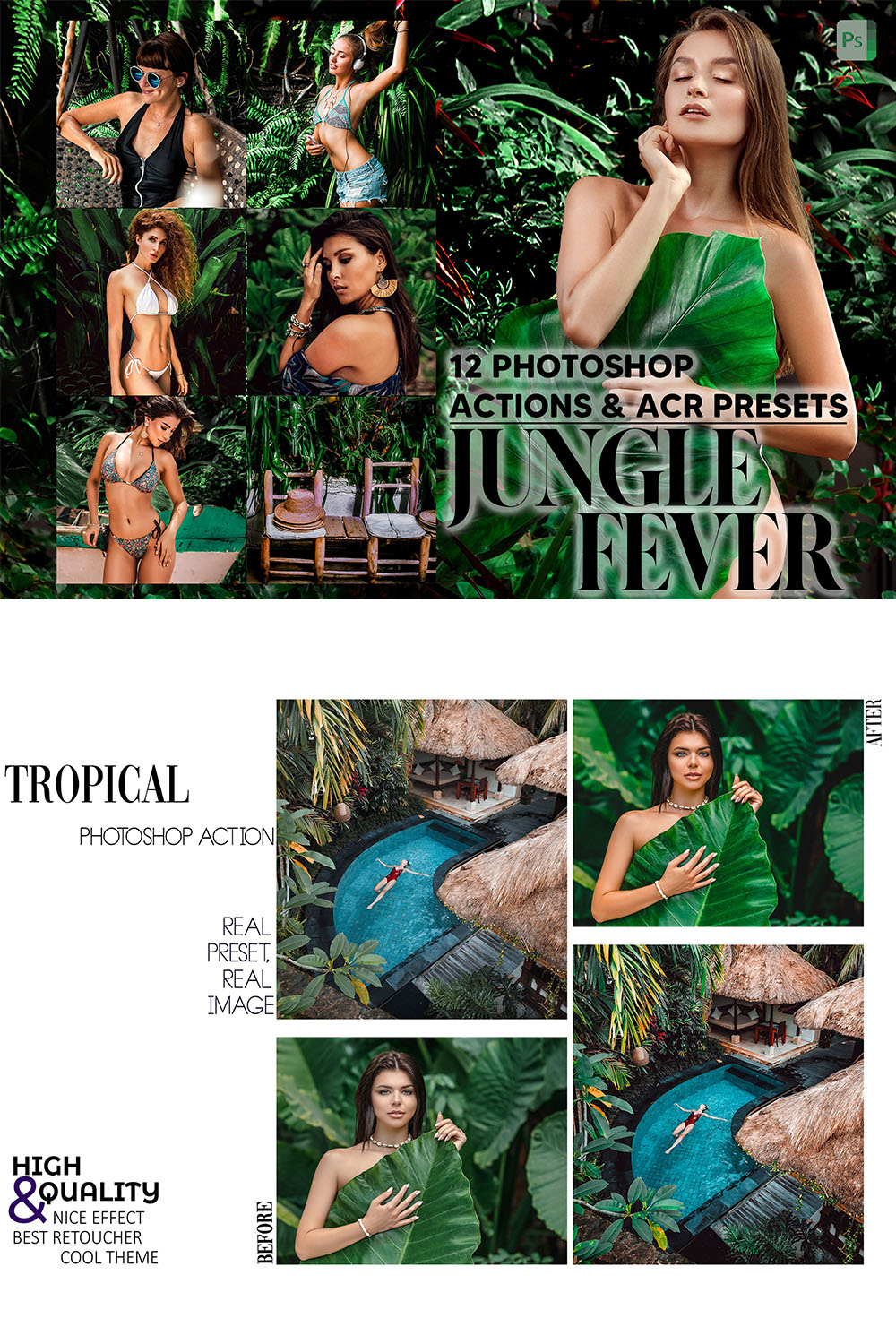 12 Photoshop Actions, Jungle Fever Ps Action, Tropical ACR Preset, Moody Forest Ps Filter Atn Portrait And Lifestyle Theme Instagram Blogger pinterest preview image.