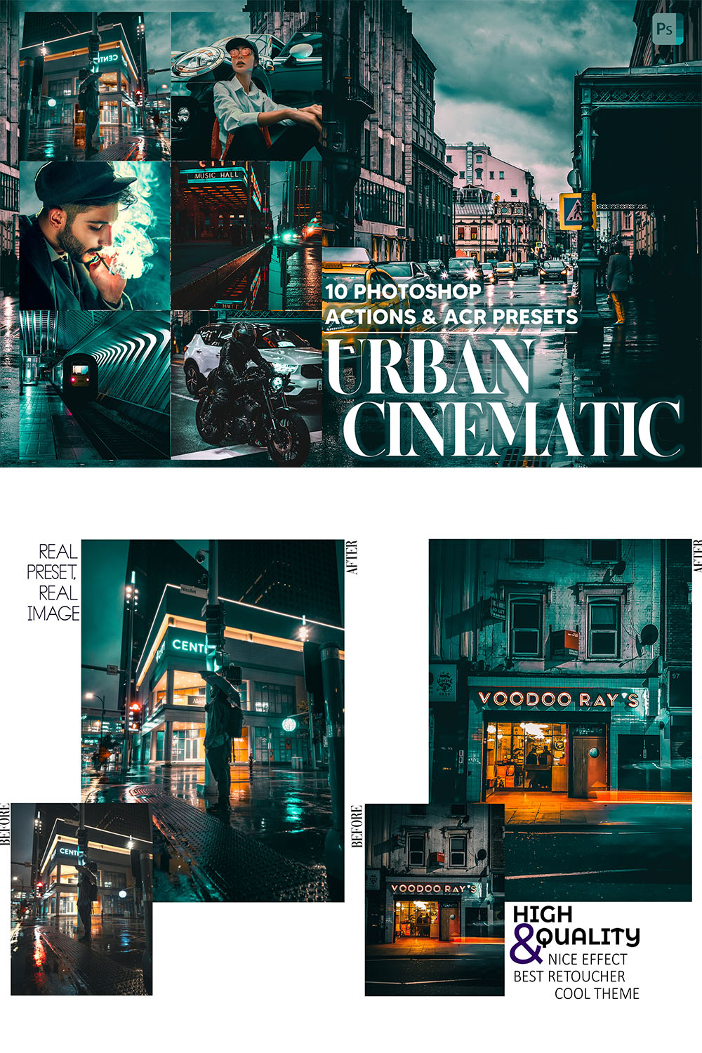 10 Photoshop Actions, Urban Cinematic Ps Action, Moody Film ACR Preset, City Cinema Ps Filter Atn Portrait Lifestyle Theme Instagram Blogger pinterest preview image.