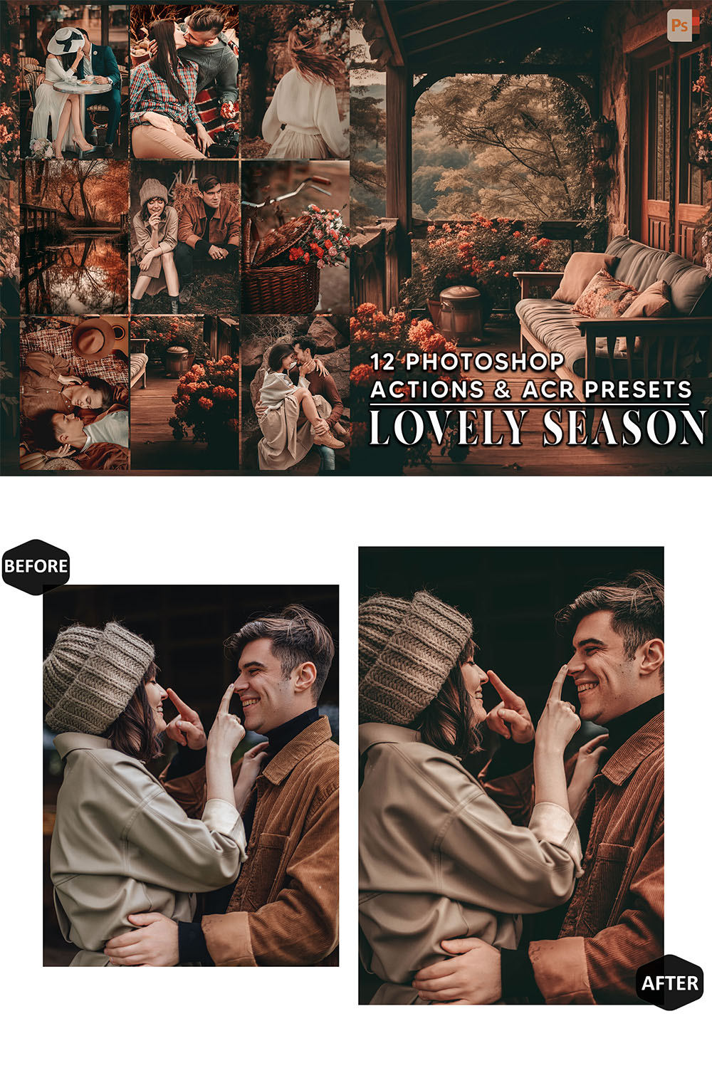 12 Photoshop Actions, Lovely Season Ps Action, Couple Wedding ACR Preset, Moody Ps Filter, Atn Portrait And Lifestyle Theme For Instagram, Blogger pinterest preview image.